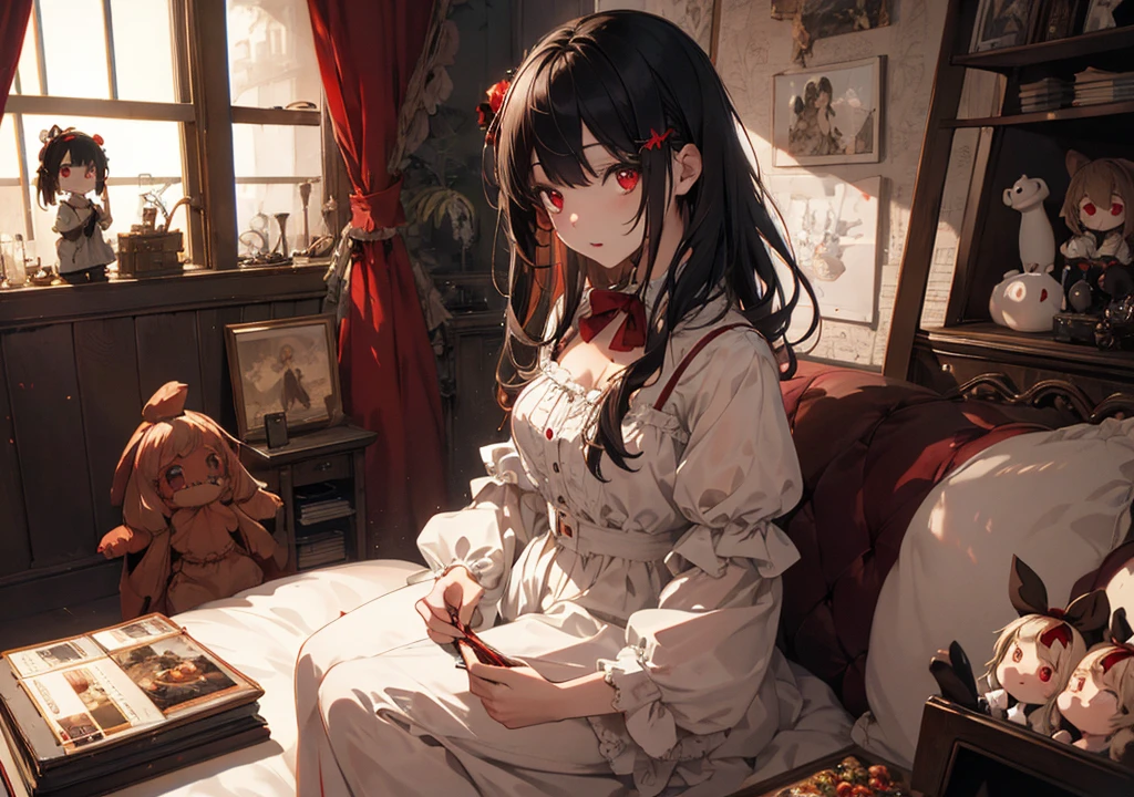 Realistic photos, Focus distance 10mm, Red and white, Beautiful girl, Realistic photos, Shooting at Focus distance 10mm, masterpiece, 最high quality, high quality, Very detailed CG 8k wallpaper unit, Award-winning photography, Depth of written boundary, High resolution, bloom, chromatic aberration, Realistic, Very detailed, Art Station Trends, CGsociety Trends, Complex, High detail, dramatic, Art on the go, volumetric lighting, Beautiful girl surrounded by zombie dolls in a dollhouse, with red eyes, black hair, and a spooky vibe