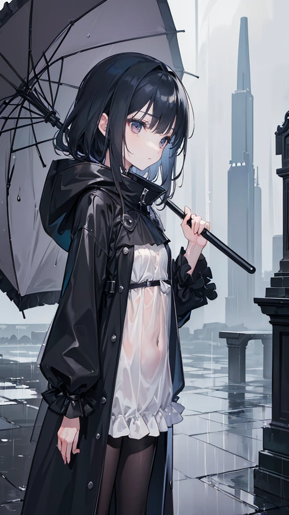 ((Best masterpiece, Perfect quality, Ultra detailed)), ((Rainy days, Sorrow, Fantasy)) A skinny girl with small bust, Wearing a black rain-coat, Not taking an umbrella, Standing alone, Looking up at the gloom sky, Profile