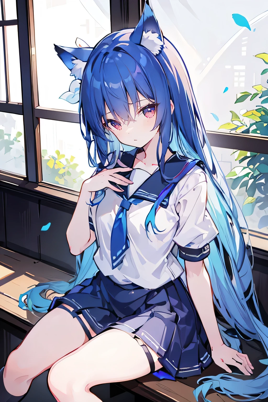 （masterpiece：1.2），Super detailed，lifelike，Expressive eyes，fair skin，perfect face shape，1 girl，
Japanese comics,Gorgeous blue hair,flowing blue hair,flowing clothes,Cat ears,Petals fall,beautiful lola,Baby Angel,
Broken hair curtain，A faint smile，Black and white sailor school uniform，cropped shoulder，Super good figure，Color hairpin，Put your hands on your chest，Raise your head slightly，Short skirt，Black stockings，sitting on window sill drinking coffee and looking out the window。