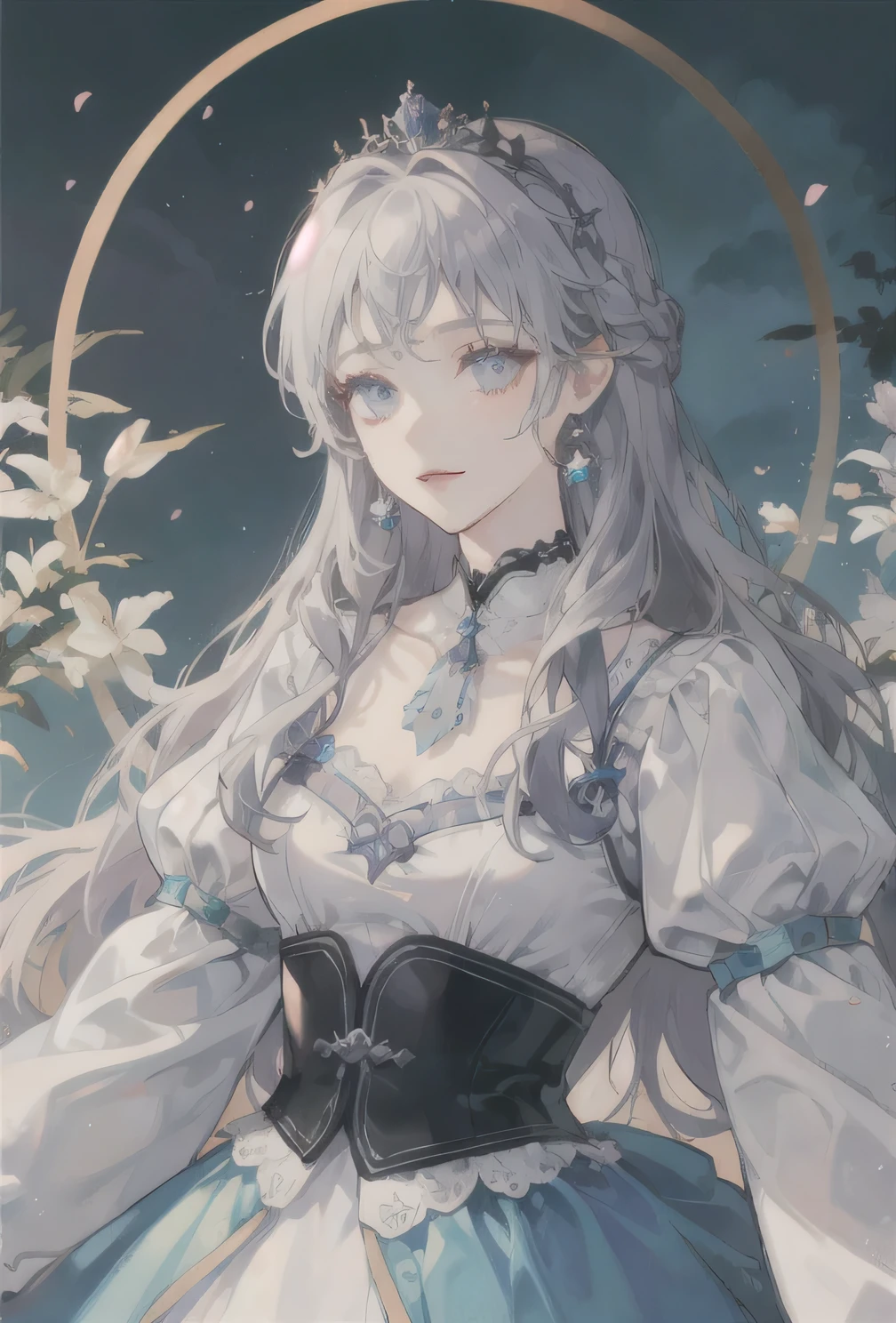 ((Highest quality)), ((masterpiece)), (detailed),Light rainbow hair、Gray Hair、Long Hair、Wavy Hair、The forehead is slightly protruding、Blue and purple eyes、Princess、princess's clothes、Victorian、Pitiful、noble、One person