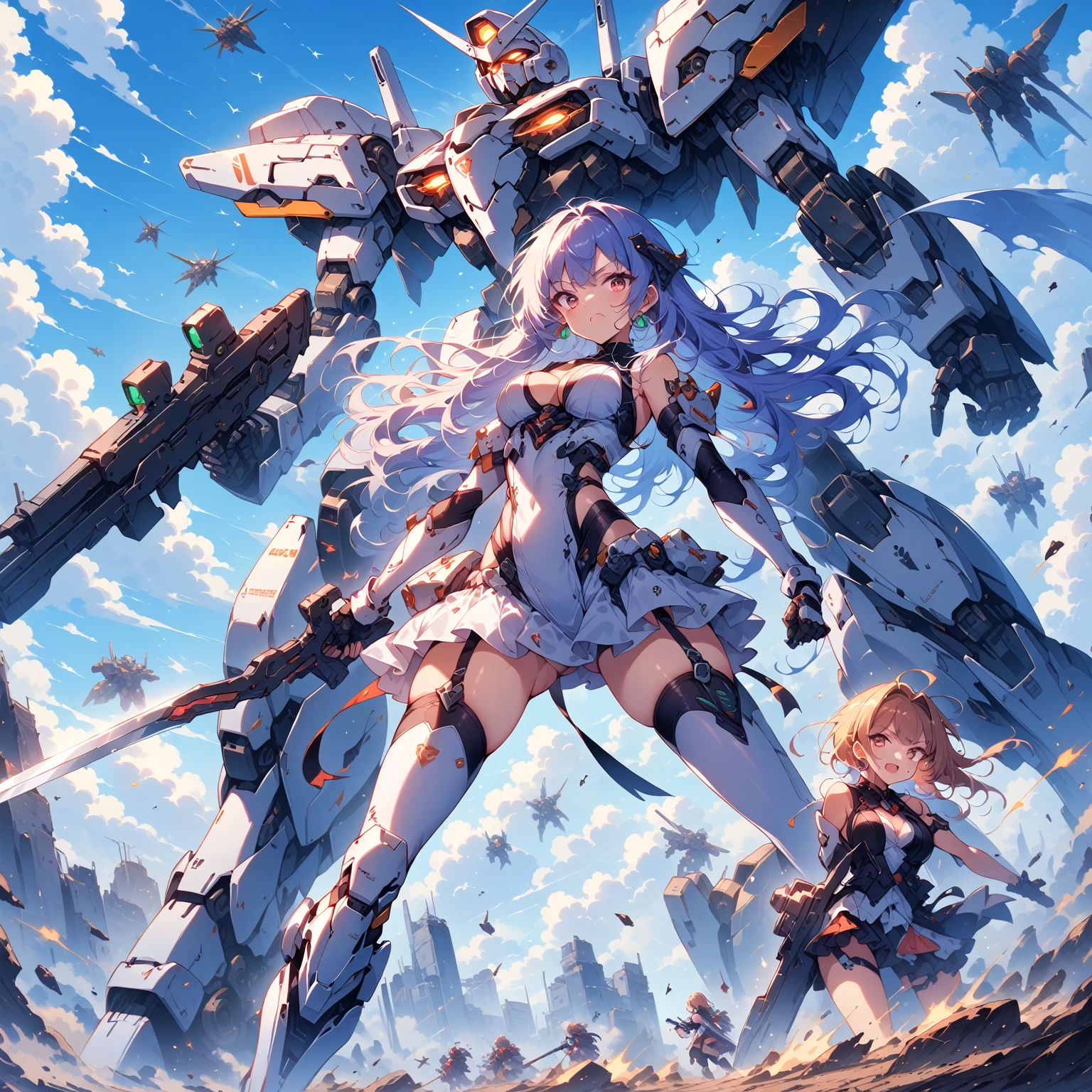 score_9, score_8_up, score_7_up, source_anime,masterpiece, best quality, high resolution, extremely detailed CG, absurdres, highres, a mecha girl holding a sword in front of a giant mech with a large blade, 1girl, weapon, mecha, robot, holding weapon, holding, gun, long hair, holding gun, glowing, sky, thighhighs, cloud, science fiction, outdoors, floating hair,1girl, solo, cleavage, thighs, looking at viewer, mecha musume,neondskdrmsxl, cool face