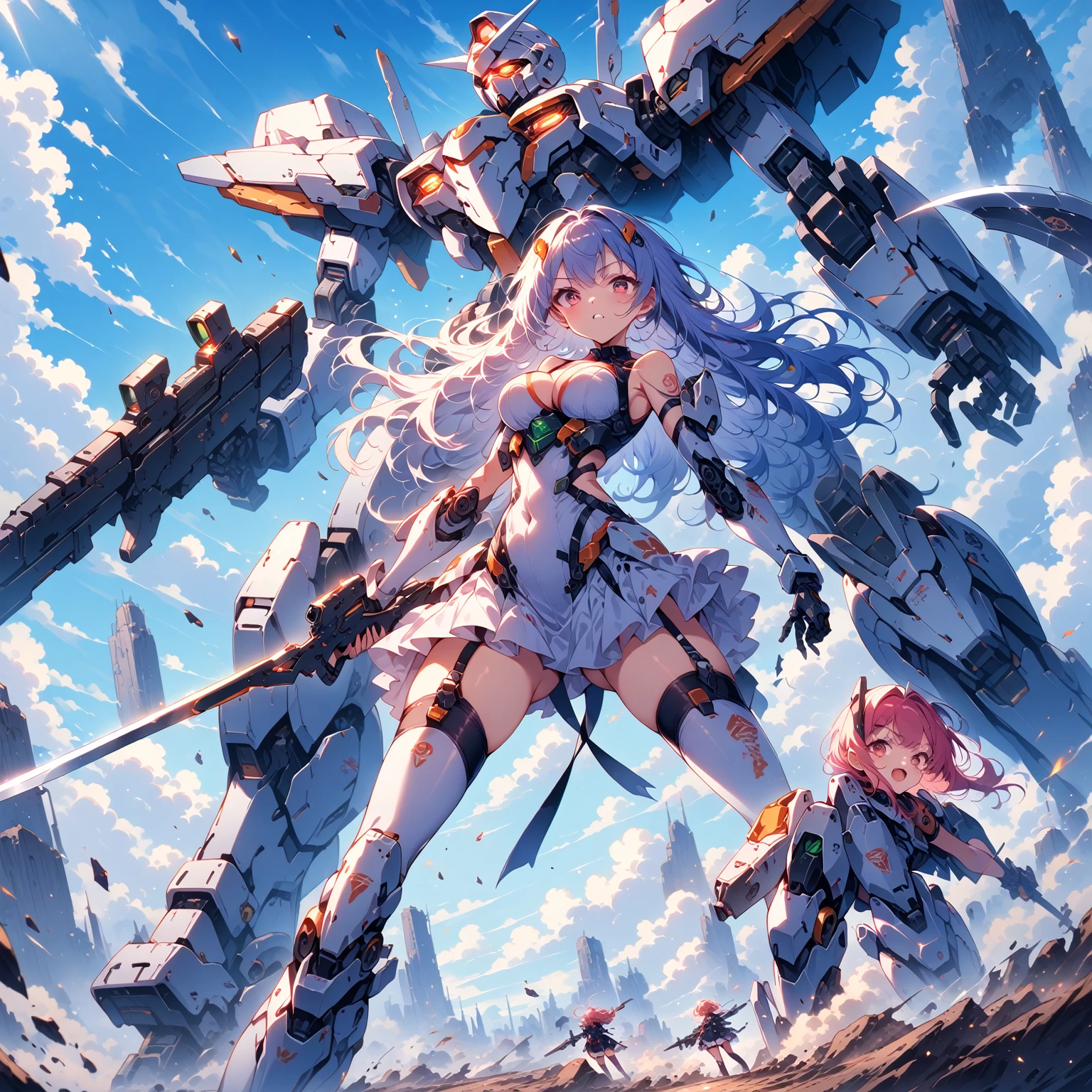 score_9, score_8_up, score_7_up, source_anime,masterpiece, best quality, high resolution, extremely detailed CG, absurdres, highres, a mecha girl holding a sword in front of a giant mech with a large blade, 1girl, weapon, mecha, robot, holding weapon, holding, gun, long hair, holding gun, glowing, sky, thighhighs, cloud, science fiction, outdoors, floating hair,1girl, solo, cleavage, thighs, looking at viewer, mecha musume,neondskdrmsxl, cool face