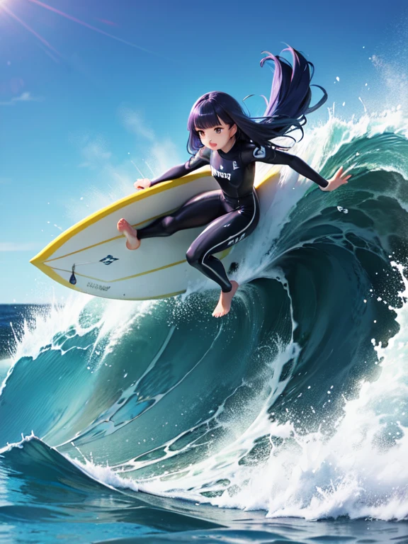 (Rika Furude), (surfing), Big Wave, performance, surfboard, dynamic, Splash of the sea, Sports, action, girl, alone, Blue Hair, Purple eyes, Long Hair, blunt bangs, bangs, I&#39;m , 