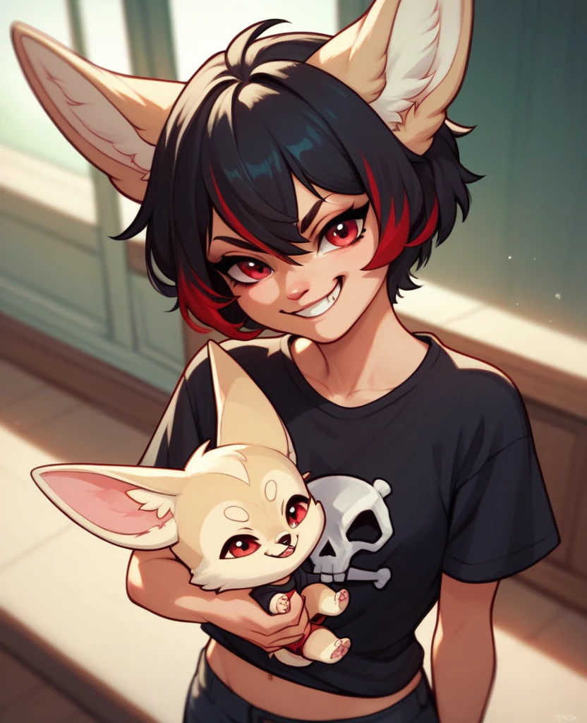 Fennec fox, cute girl fox, kid, chibi, short hair, black hair with red highlights, red eyes, black shirt with a white skull, smirk