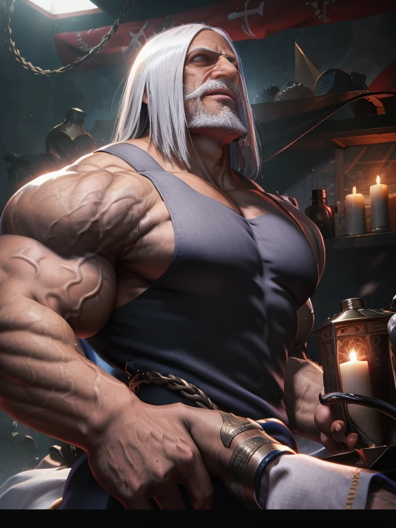 Old man, JP, An award-winning original photo, ( brown skin color), long gray hair, full white beard, A wild muscular old man, (80 years old daddy:1.1), 1boy, Solo, (tanktop), (big shoulders), musculature, stubbles, dark skin, long grey hair, thick grey beard, Detailed face, (evil smile), blue eyes, veins, wrinkles, big old man nose, nose with pronounced bridge and outward curve that protrudes from the base of the nose, dark olive skin color, brown skin, veins, absurdly huge nose, hawk nose, convex nose, well groomed moustache, (flexing his biceps), Dynamic Angle, volumetric lighting, (Best quality, A high resolution, Photorealistic), Cinematic lighting, Masterpiece, RAW photo, Intricate details, hdr, upper body shot