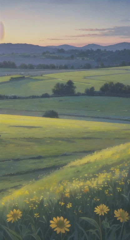 ((masterpiece)), (8k, high_resolution),(best quality), meadow, field, large field, meadow flowers and grasses, landscape, yuezludno, dusk, no sun, twilight, summer, Kyoani Haruh style
