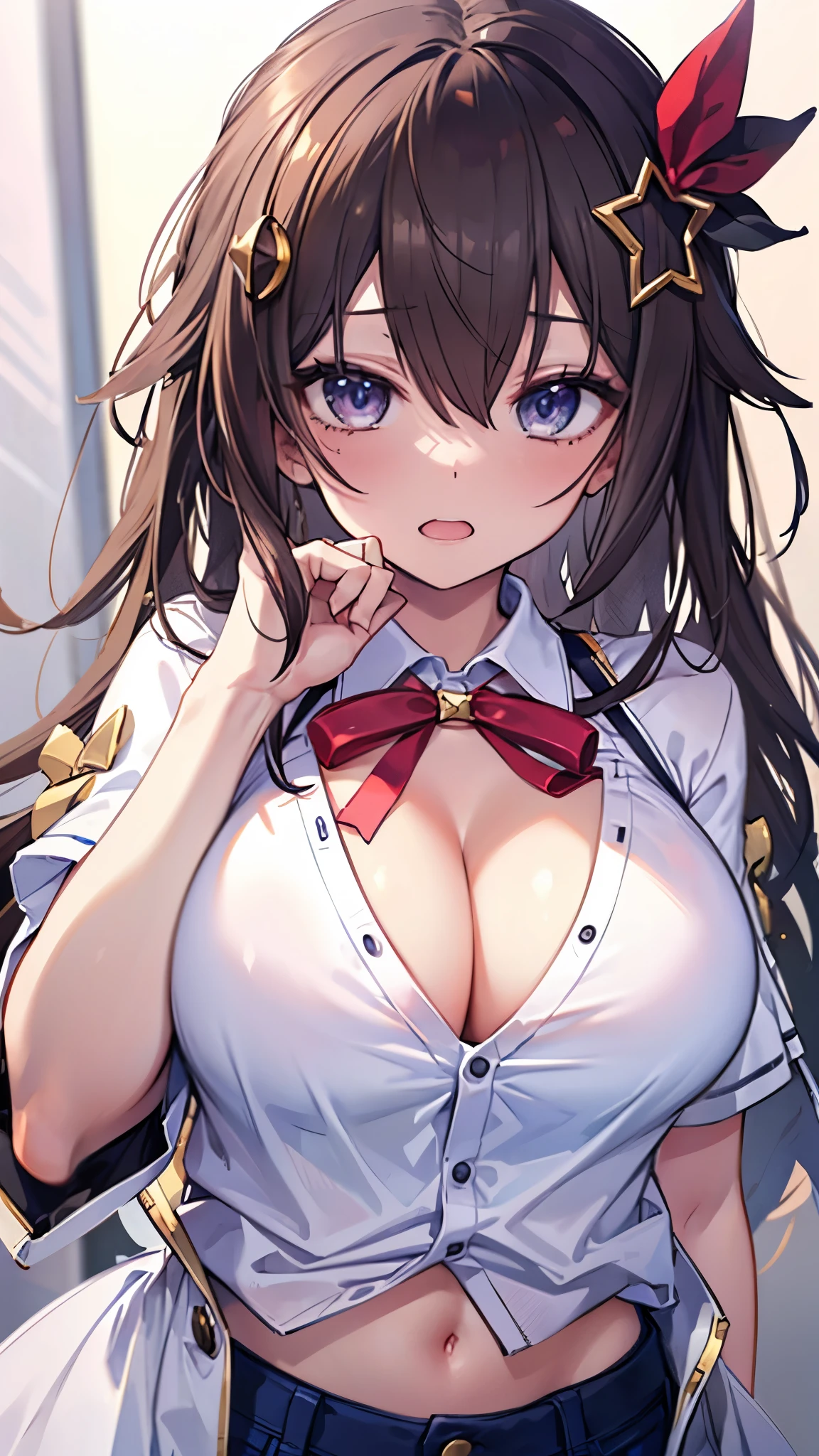 (best quality:1.2), (ultra detailed:1.2),(masterpiece:1.2),(8k:1.2),(Blessed,Captivating body、Ultra detailed hands、Ultra-detailed eyes、Ultra-detailed skin、ultra-detailed face,Detailed Background),One Girl、(white dress shirt, naked shirt,cleavage ,open shirts,large shirts,no panties,bottomless,),(ecstasy, aroused:1.5), ts1, leg ribbon, neck ribbon, midriff, breasts