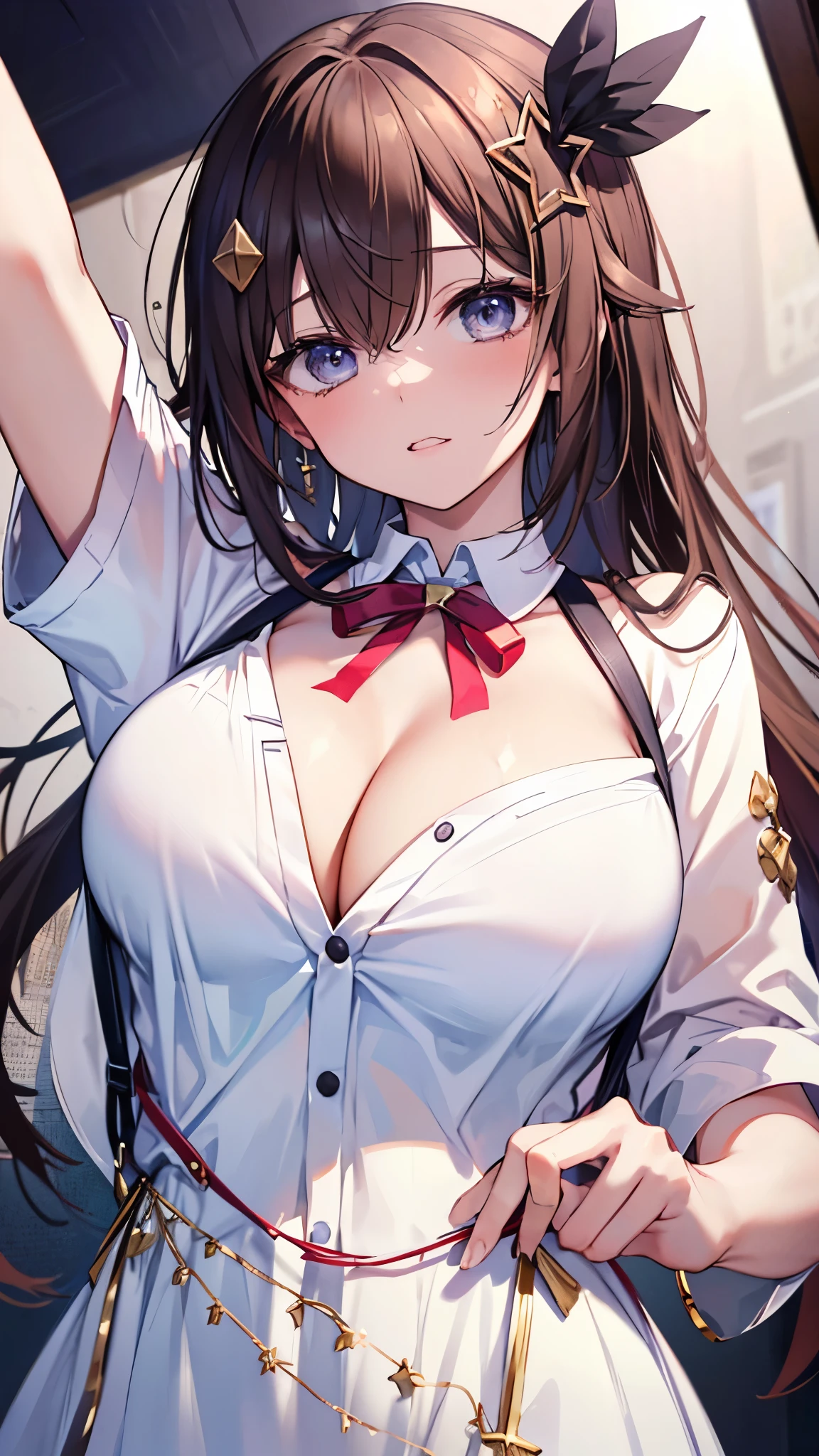 (best quality:1.2), (ultra detailed:1.2),(masterpiece:1.2),(8k:1.2),(Blessed,Captivating body、Ultra detailed hands、Ultra-detailed eyes、Ultra-detailed skin、ultra-detailed face,Detailed Background),One Girl、(white dress shirt, naked shirt,cleavage ,open shirts,large shirts,no panties,bottomless,),(ecstasy, aroused:1.5), ts1, leg ribbon, neck ribbon, midriff, breasts