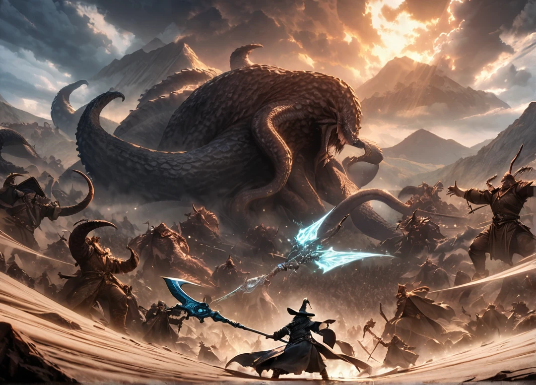 epic battle between 2 enemy wizards using their most powerful abilities, a wizard floating in the sky and casting his magic towards the monster, on the ground a wizard using his with a mouth on the ground and with his tentacles appearing, in the sky a wizard using a giant spectral blue axe in the sky opening the clouds towards the other wizard's creature, fantasy, wizards are holding their staffs, highlighting the wizards' magical abilities, comic book art, fantasy scythe, epic battle scene, giant axe, kraken monster on the ground, mountainous desert battlefield background scene, spectator view.