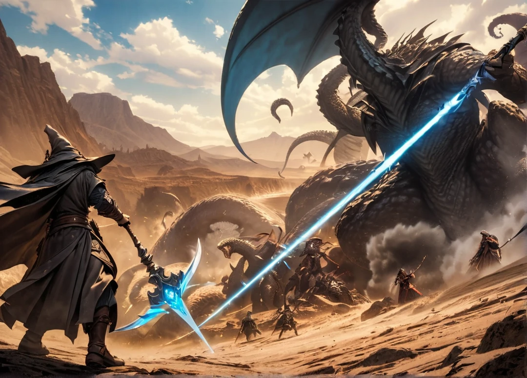 epic battle between 2 enemy wizards using their most powerful abilities, a wizard floating in the sky and casting his magic towards the monster, on the ground a wizard using his with a mouth on the ground and with his tentacles appearing, in the sky a wizard using a giant spectral blue axe in the sky opening the clouds towards the other wizard's creature, fantasy, wizards are holding their staffs, highlighting the wizards' magical abilities, comic book art, fantasy scythe, epic battle scene, giant axe, kraken monster on the ground, mountainous desert battlefield background scene, spectator view.