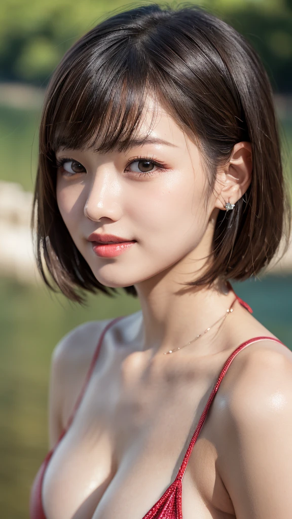 (masterpiece:1.3), high resolution, ultra detailed, extremely detailed CG unity 16k wallpaper, realistic, photo-realistic, RAW photo, super fucking beautiful detailed face, natural makeup, pale skin, realistic glistening skin, detailed cloth texture, detailed hair texture, beautiful detailed fullbody, Perfect female body, accurate, Anatomically correct, Highly detailed face and skin texture, natural neck length, (beautiful hands), (fair skin:1.1), (well-aligned teeth:1.1), (Sweaty skin:1.2),
BREAK,
Detailed eyes, symmetric eyes, Light Brown eyes, Double eyelids, Thin eyebrows, (Glossy lips:1.4), ((A face with waiting for a kiss:1.2)), (blush:1.1), (A sparkling small hair accessory:1.1), (beautiful smile:1.1)
BREAK,
((beautiful large breasts, cleavage:1.3)),
((short hair, Dark blonde hair, bangs:1.2)), (closeup shot, cowboy shot, looking at viewer:1.3),
BREAK,
(sitting by the river, bikini:1.3)
