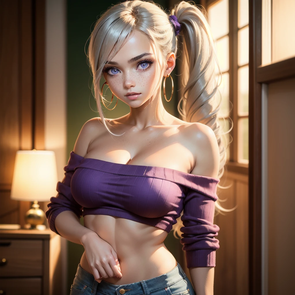 (best quality, 4k, highres, highres face details), 15 yrs old, 1girl, solo, athletic body, pale skin, light freckles, hoop earrings, perfect nose, perfect lips, fake lashes, modest bust size, deep cleavage, cute face, wearing an off the shoulder purple sweater, midriff showing, wearing jean shorts, silver hair, long hair, side ponytail, crossed bangs, purple eyes, constricted pupils, cinematic lighting, Ultra-Wide Angle, Canon, Hyperrealism, UHD, masterpiece, textured skin, high details, best quality, detailed eyes, detailed iris, posing for the camera