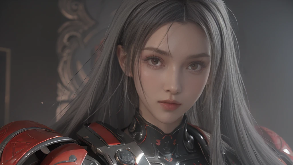 masterpiece,Game Art,Best picture quality,Maximum resolution,8K,(portrait),Unreal Engine 5 rendering works,(Digital Photography),((portrait Feature:1.5)),
20 year old girl,Short hair details,Long bangs,(The red eye makeup is carefully applied),(With long gray hair:1.4),(Large target, Full breasts),Elegance and nobility,Brave and charming,
(The future armor combines the characteristics of Chinese armor,hollow-carved design,Power Armor,Mysterious oriental runes,Exquisite clothing patterns,Magic Flash),Future Warrior,Cyberpunk Characters,War Background,
light,Ray Tracing,Game CG,((3D Unreal Engine)),OC rendering reflection mode