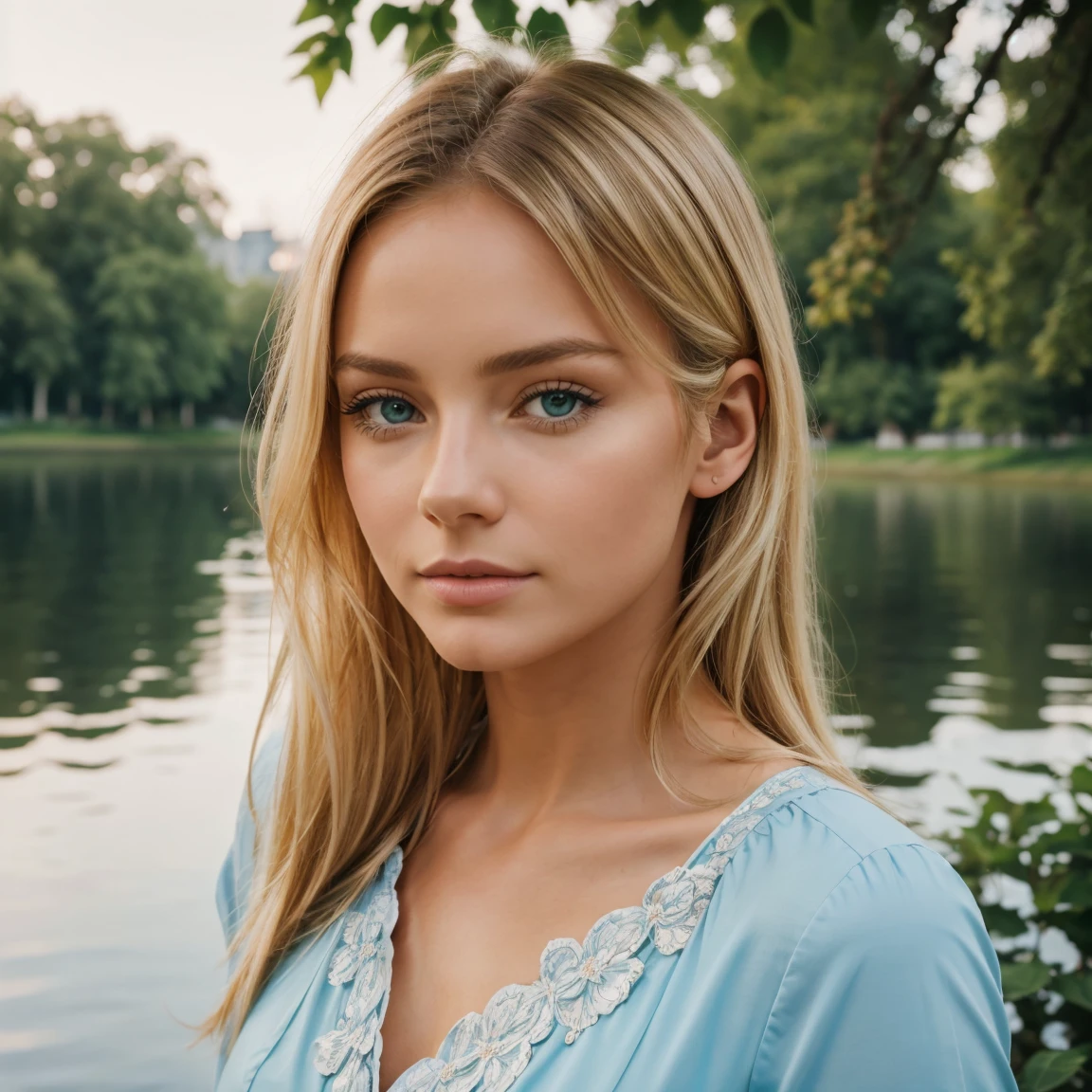 proFessional portrait photograph oF a gorgeous 18 year,Norwegian girl Lise Olsen sits peaceFully near the edge oF a tranquil lake in one oF the city's picturesque parks,lush green trees and the iconic London skyline with a hint oF historical architecture can be seen. La lumière du soleil projette une lueur chaleureuse, reFlecting oFF the calm water, créer une atmosphère sereine et apaisante, avec de longs cheveux blonds ondulés,oeil bleu,sultry Flirty look, gorgeous symmetrical Face, joli maquillage naturel,wearing a light summer dress with Floral patterns,Ultra réaliste,élégant, très détaillé, complexe, sharp Focus, depth oF Field, F/1. 8, 85mm,(((proFessionally color graded))), bright soFt diFFused light, (volumetric Fog), tendance sur Instagram, hdr 4k, 8k
