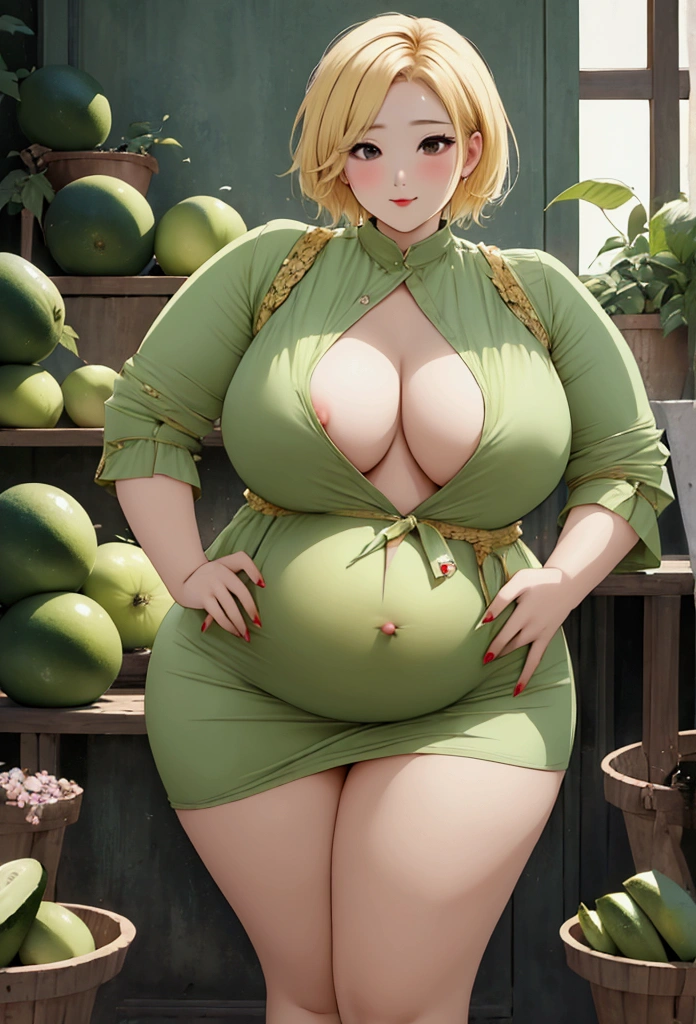 korea, bertha, very big ass, fat belly, thick thighs, very big , Nipples exposed, butt exposure, blonde with short hair, Woman putting cucumber into genitals