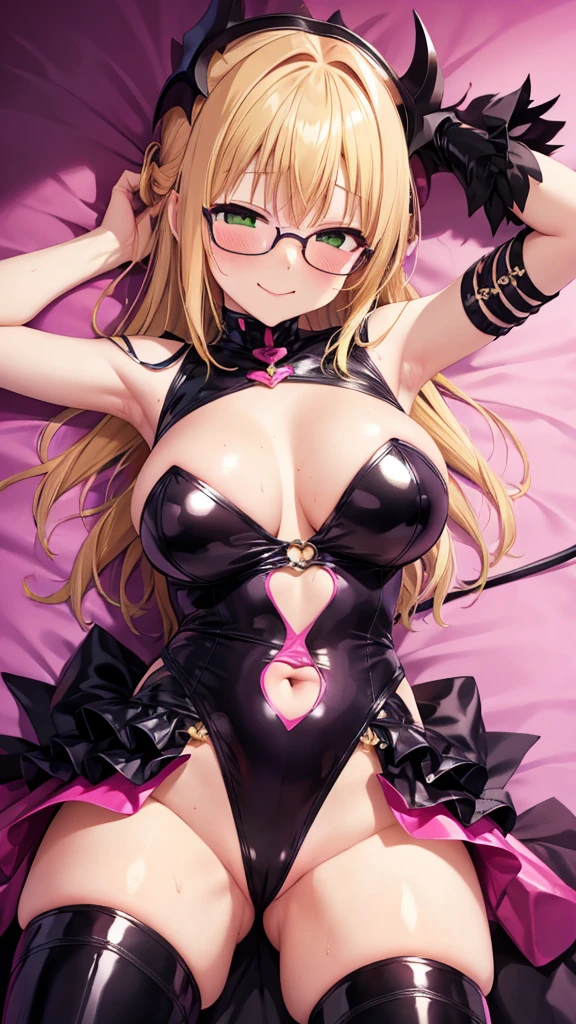 night、Tiaille Lunatique(To Love-Ru)、Blonde、Glasses、Big Breasts、adult、Pink Background、Evil background、Hotel Bedroom、Sensual pink light、A shiny pink rubber suit that wraps around the body、Upper Body、tall、Pink long gloves、Upper Body、Evil female warrior、Dark Side、Condescending smile、Fallen into evil、Fall into Darkness、Sexy pose、Yellow-green eyes