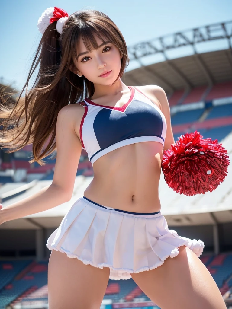 masterpiece, Highest quality, Very detailed, High resolution, (Realistic, photoRealistic:1.37), Excellent anatomy, One beautiful woman, 18-year-old, Height: 152cm, Cheerleader, (Holding a pom-pom in both hands:1.5), A small smile, cheer leading, Cheerleader uniform, (shape), Micro Pleated Mini Skirt, No underwear, ((Very delicate and beautiful)), ((Stadium Background:1.2)), Brown Hair, Long Hair, bangs, Very beautiful face, Cute type, Big Natural Color Lip, Small and cute nose, Big and pretty eyes, Brown eyes, Obvious double, Shiny highlight spots around the eyes, Character Focus, Tilt your head, The best light, Best Shadow, mysterious, Perfect Face, Very detailed, Soft Skin, (Glowing Skin, Sweaty: 1.3), Beautiful feet, Voluptuous thighs, Plump body, Huge breasts, (Expresses the roundness and softness of the chest area.........1), Beautiful body, (The perfect woman), Spread your legs, ((Provocative dynamic pose)), Skirt flip, (Spreading pussy:1.5)