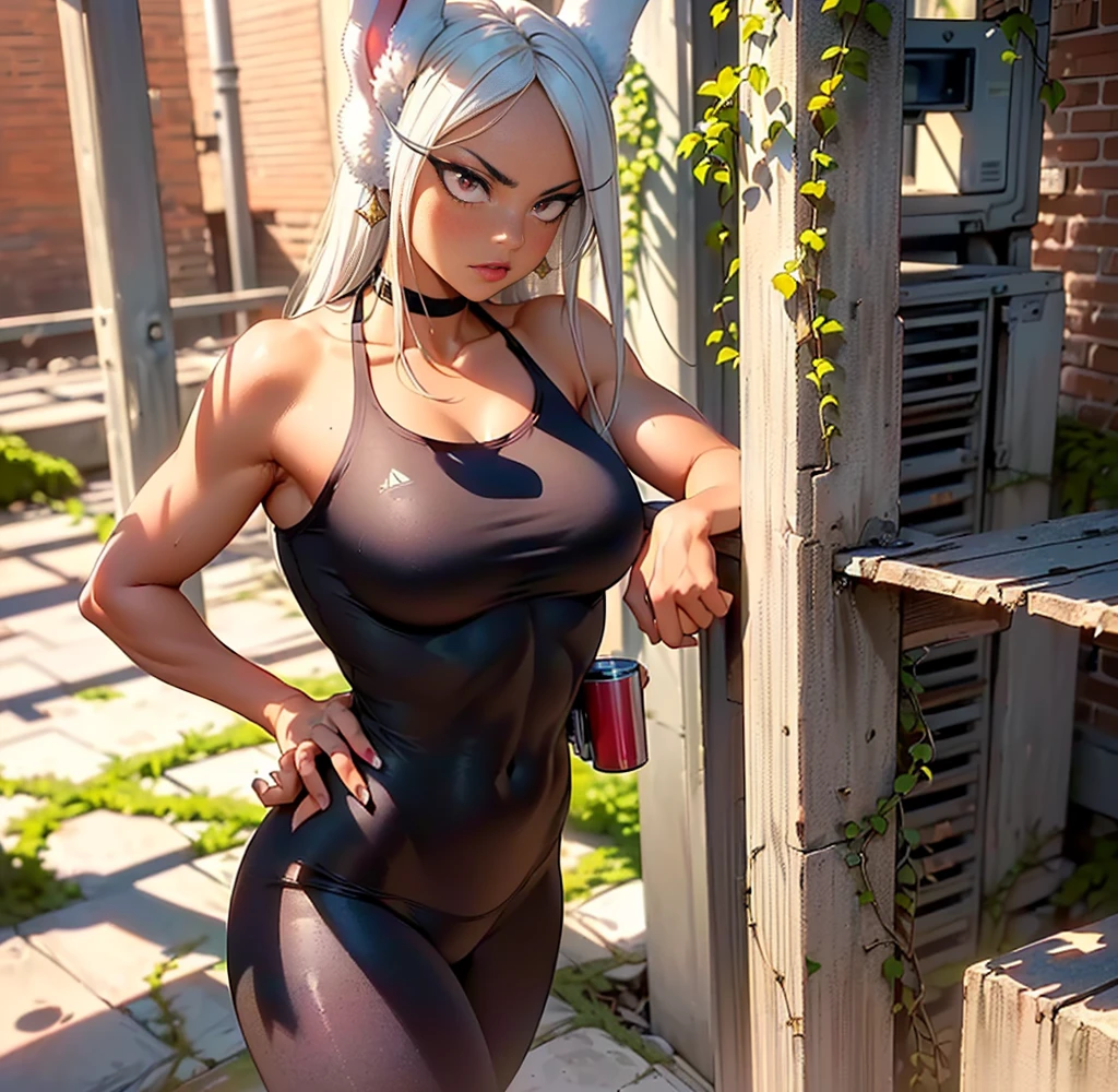 (((1 girl, Alone, calm, calmmha, Boku no Hero Academia, (by white, Red eyes, by the wide, rabbit ears, Dark skin), lipstick, gold earrings, muscular, Physical aptitude)), sensual pose, beautiful, wifes, diamond necklace)), ((Alone, 1 woman, pink lipstick, extremely detailed, Soft ambient lighting, 4k, Perfect eyes, a perfect face, perfect lighting, a 1 girl)), Austere, ((Physical aptitude,, well formed body, athletic body, toned body)), ((black tank top, Leggings negros, lycra clothing, looking back, Abandoned factory, column with vines, brick walls, Mosses, wifes, flores))