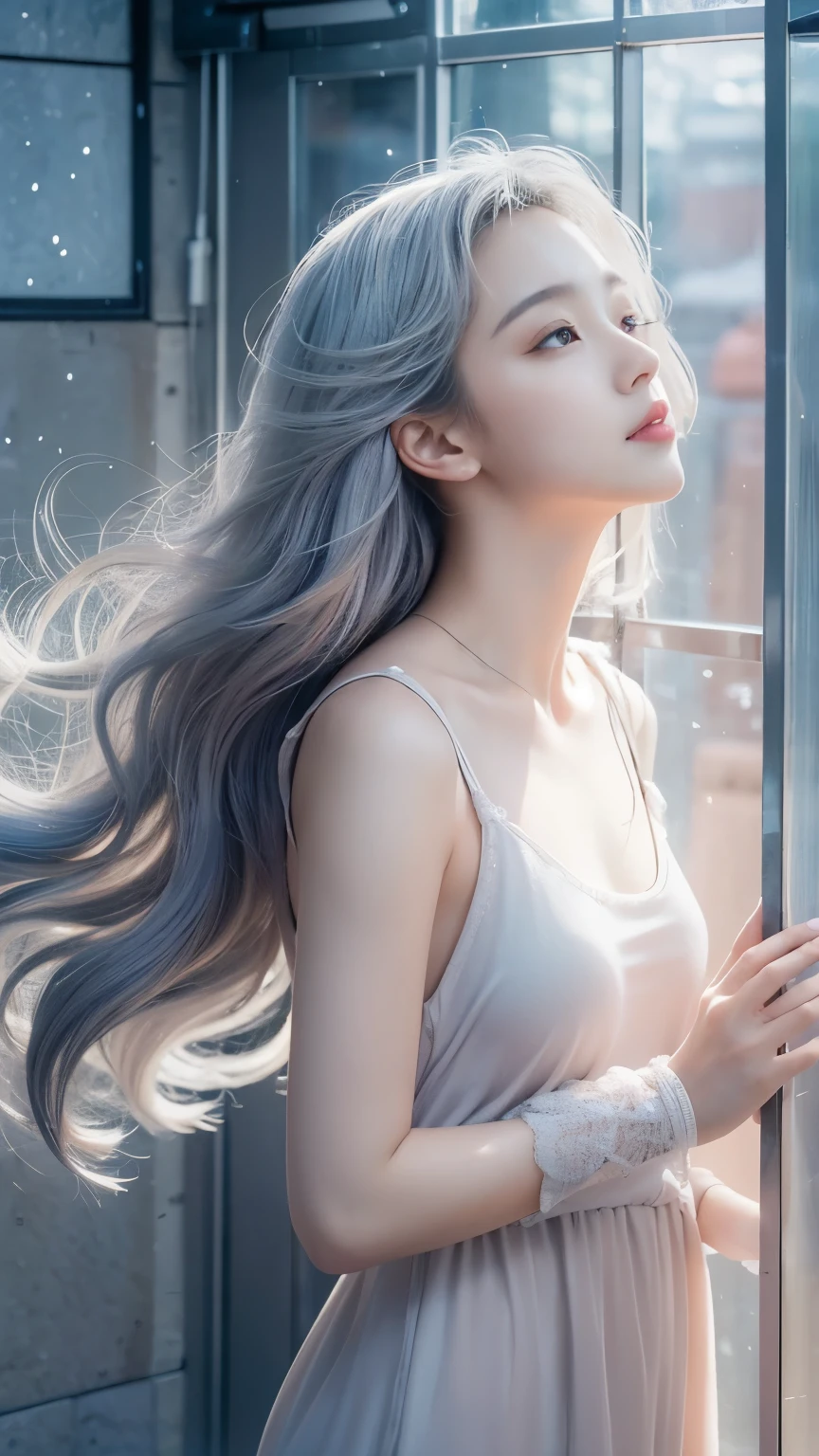 (((masterpiece))), best quality, shame, 4k wallpaper, Cinematic Light, absurd, one girl,(eye,ice), eye 꽃, In winter, gray hair, shiny hair, wavy hair, transparent clothes, flounce, Gyeongju, wet clothes, AB_shoulder, hair tie,masterpiece, telescope lens, absurd, GGyeongjuful featureovie Posting，Poster Composition，Strike a pose gGyeongjufully，classic，natural light，soft light，（7 doppelganger） ，amazing，dreams are magical，occult、ecstasy