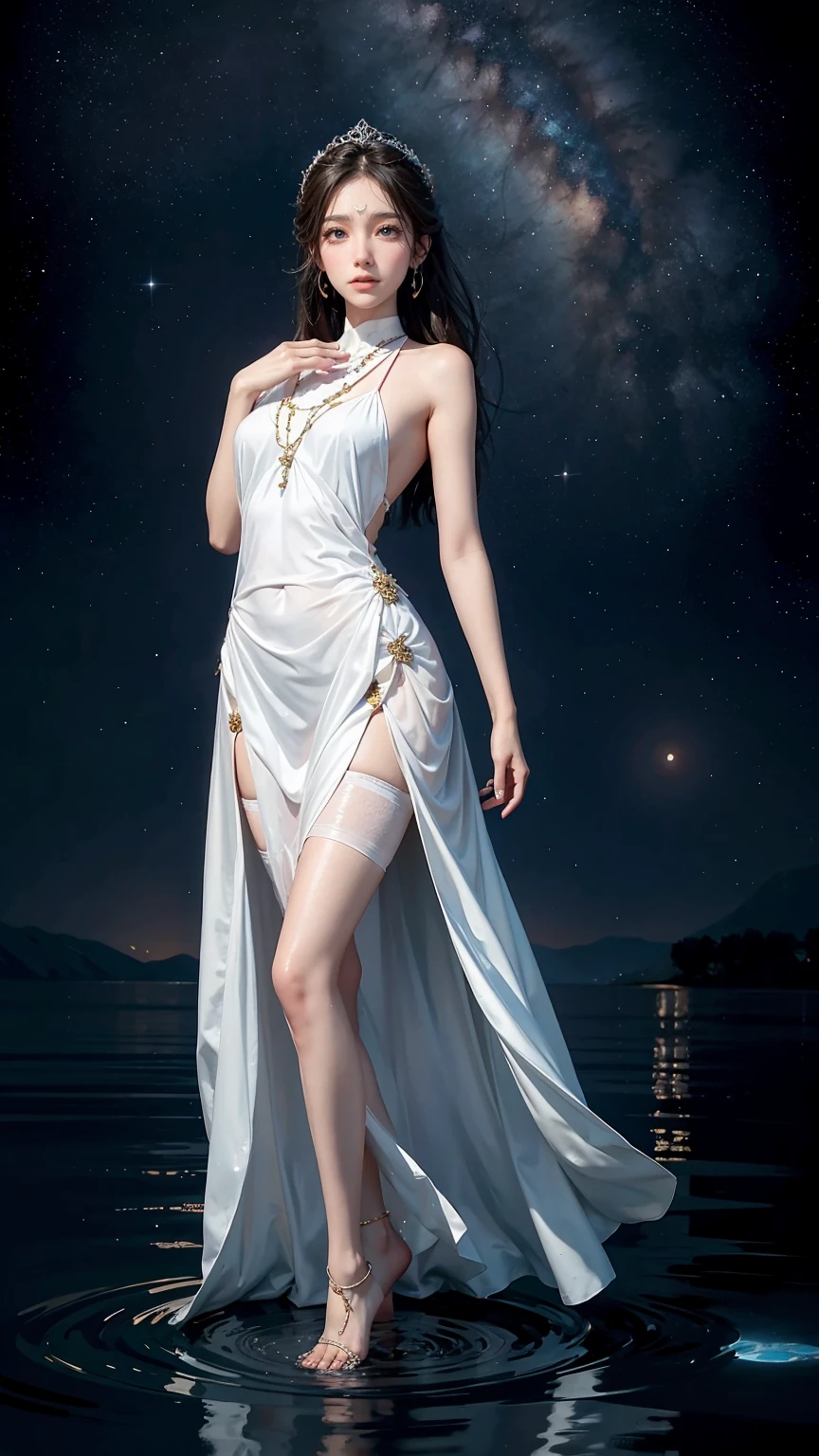 ((Biologically correct number of limbs))、(( Full body image(Including the face)))、4K、masterpiece、((Focus on the face))、((Symmetrical facial features))、The eyes are described in detail、Beautiful woman、Outstanding style、Beautiful arms、Beautiful legs、beautiful hands、(slim)、Facial details、Small earrings、necklace、(white shiny、Shiny dress、barefoot、radiant skin)Smile、(Beautiful legsのアップ)、Sweat,Starry Sky,Starry Sky背景,Deep View,above water