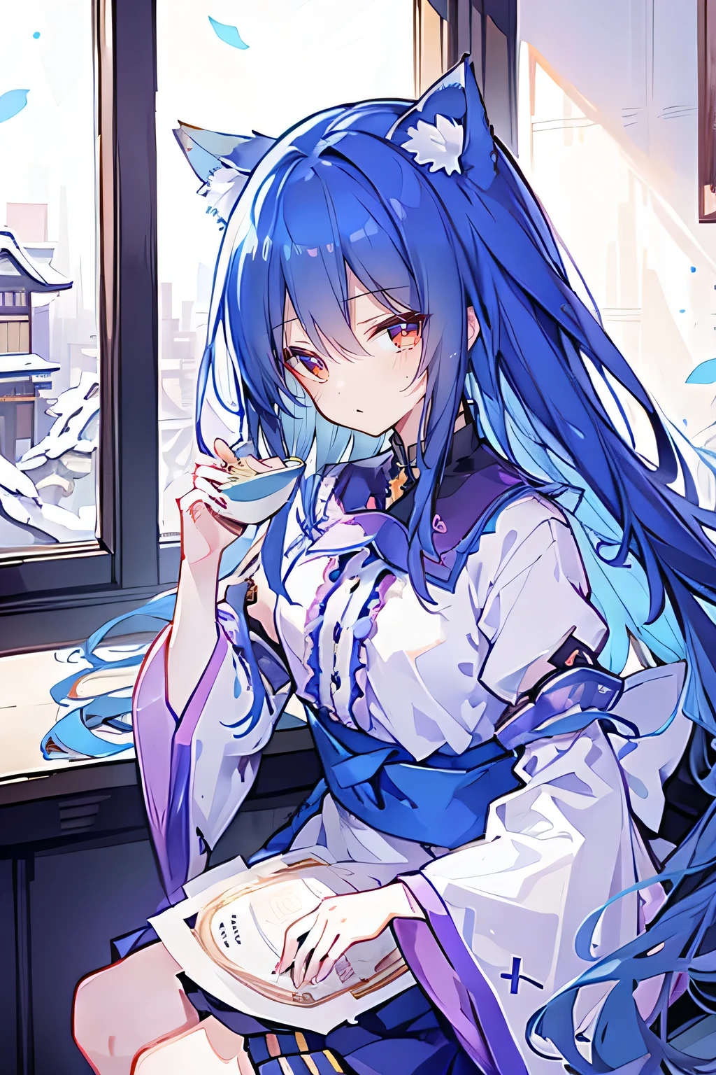 (Masterpiece:1.2)，Ultra-detailed，lifelike，The eyes are expressive，Fair skin，Perfect face shape，1 girl，Japanese Manga，Gorgeous blue hair，Flowing blue hair，Flowing clothes，Cat ears，Petals falling，Smile，Tokyo background，background，heavy snow，winter.Highest quality，perfect face，sitting on window sill drinking coffee and looking out the window.