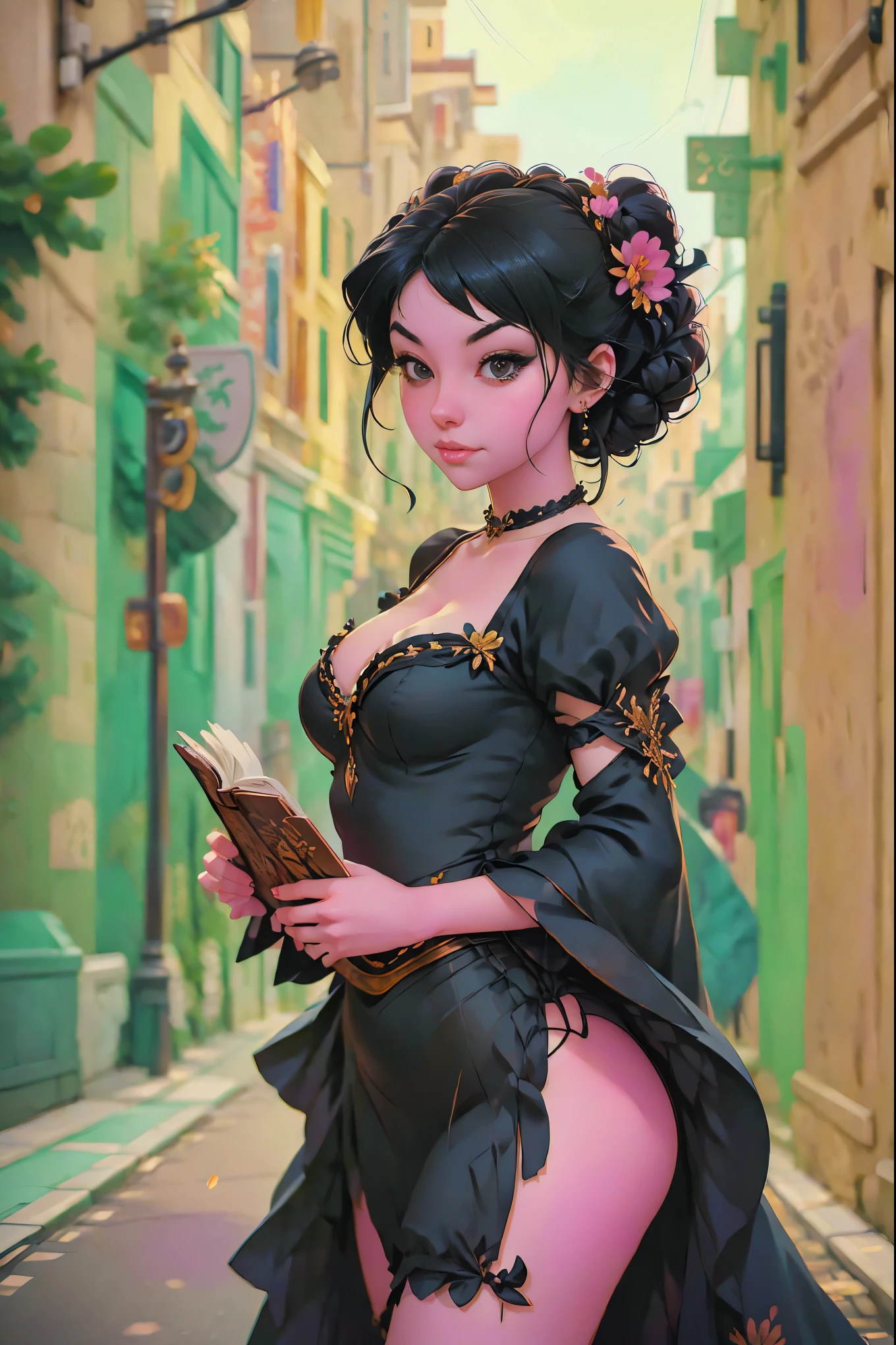 a painting of a woman in a black dress holding a book, a character portrait by Russell Dongjun Lu, Artstation, gothic art, artwork in the style of guweiz, guweiz on artstation pixiv, guweiz on pixiv artstation, 🌺 cgsociety, guweiz masterpiece, gothic princess portrait, cgsociety 4k”