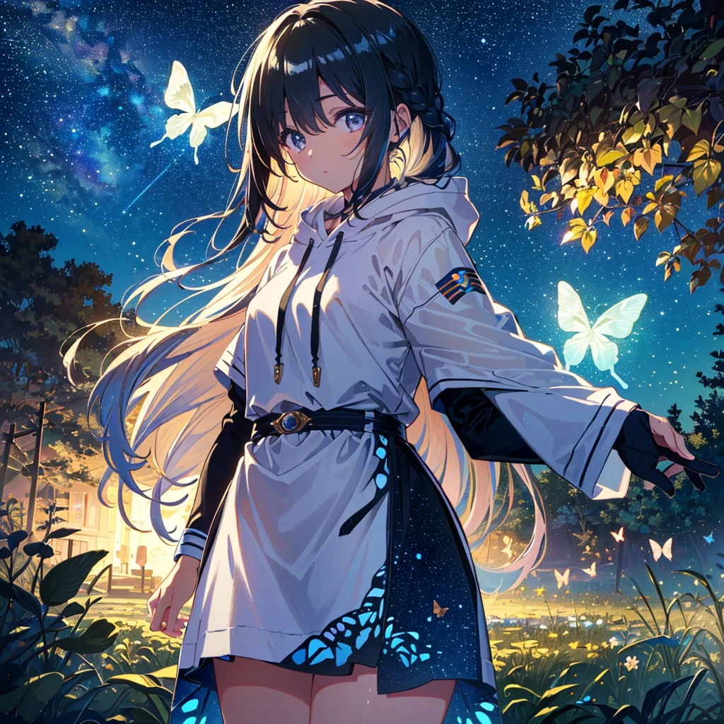 
Cool clothes, (Super details: 1.8), (Masterpiece: 1.8), (Best quality: 1.8), 1 girl, bright hair color, super long hair, braids, white ribbon, white hoodie, white skirt, black socks , (Cowboy shot: 1.4), Outdoors, British night, Midnight, Starry sky, (Shiny hair: 1.4), (Shiny eyes: 1.4), (Shiny skin: 1.4), (Shiny body: 1.4), (Butterfly: 1.2), (Wide view: 1.4), from the side,