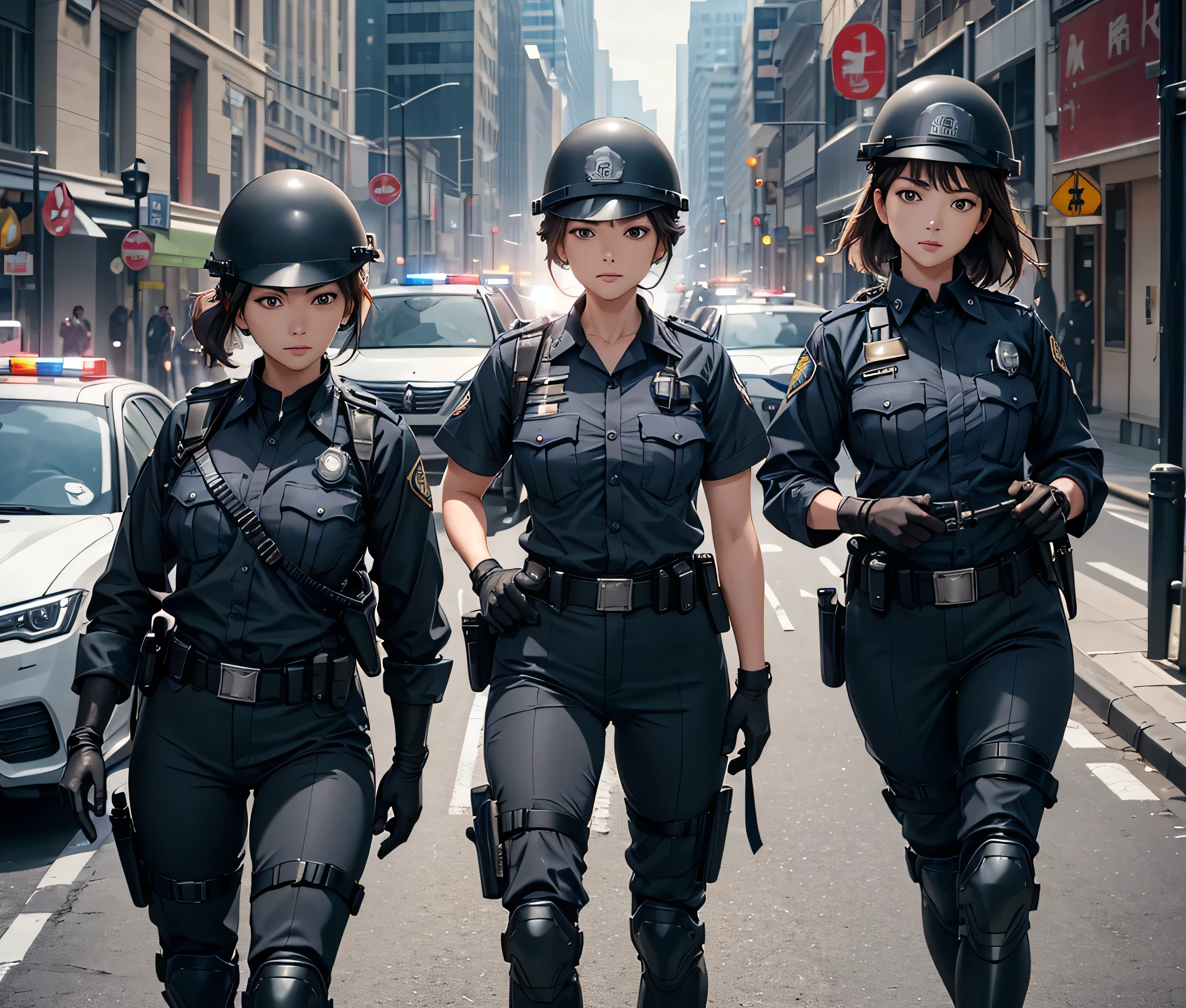 A group of female police officers all wearing gray uniforms、Wear a steel helmet、Gloves、Brown belt、Knee pads、Patrolling the roads、Write details、masterpiece、best quality、Highly detailed CG、8K picture quality