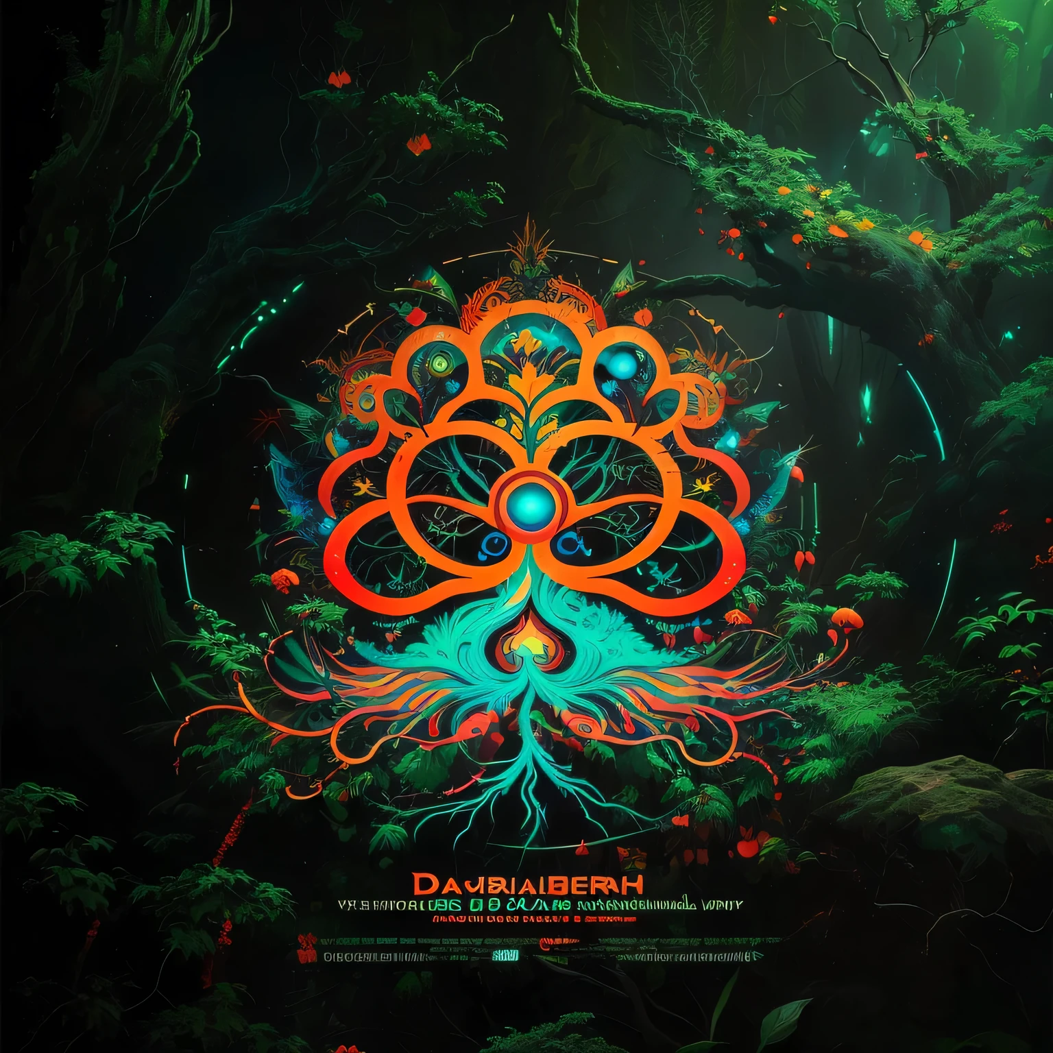 a close-up of a poster with a tree and a bird, Psytrance Artwork, official artwork, psytrance, Official poster artwork, enlightenment tripping on dmt, Detailed cover artwork, psychedelic DMT, enlightenment. complicated, psychedelic cosmic horror, galactic DMT being, Album cover for a trance DJ, epic shamanic DMT art, andrei riabovitchev symmetrical