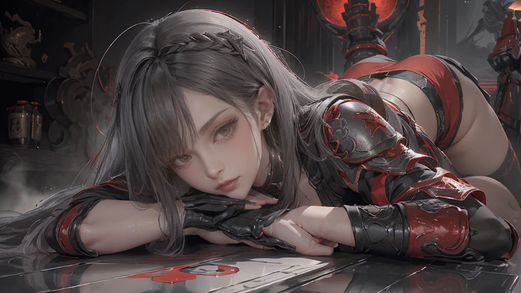 masterpiece,Game Art,Best picture quality,Maximum resolution,8K,(portrait),Unreal Engine 5 rendering works,(Digital Photography),((portrait Feature:1.5)),
20 year old girl,Short hair details,Long bangs,(The red eye makeup is carefully applied),(With long gray hair:1.4),(Large target, Full breasts),Elegance and nobility,Brave and charming,
(The future armor combines the characteristics of Chinese armor,hollow-carved design,Power Armor,Mysterious oriental runes,Exquisite clothing patterns,Magic Flash),Future Warrior,Cyberpunk Characters,War Background,
light,Ray Tracing,Game CG,((3D Unreal Engine)),OC rendering reflection mode