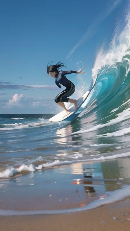 Surfing girl,(surfing:1.3), Ocean, one surfboad, A girl is surfing