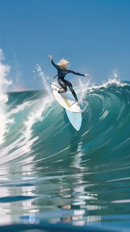 Surfing girl,(surfing:1.3), Ocean, one surfboad, A girl is surfing