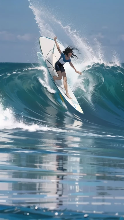 Surfing girl,(surfing:1.3), Ocean, one surfboad, A girl is surfing