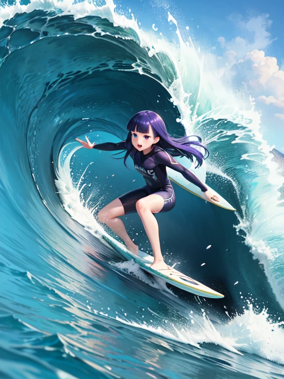 (surfing), Big Wave, performance, surfboard, dynamic, Splash of the sea, Sports, action, girl, alone, (Rika Furude), Blue Hair, Purple eyes, Long Hair, blunt bangs, bangs, I&#39;m 11 years old, 