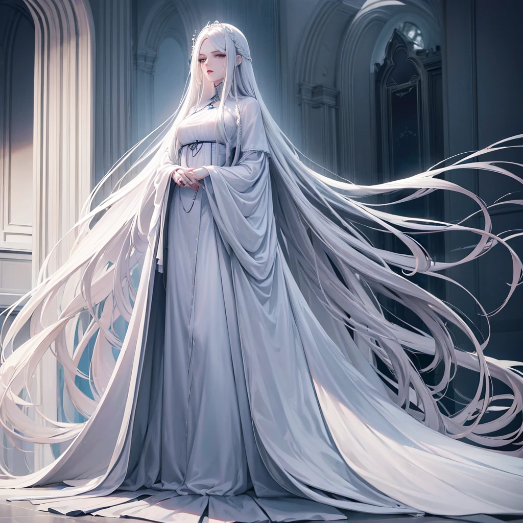 ((mejor calidad)),pretty pale skin adult woman,too long hair,very long hair,straight hair,with a hair in his face,white hair,very tired and deep thin sky blue eyes,glossy lips,wearing white luxury and angelical suit,arms crossed,in a wjite room