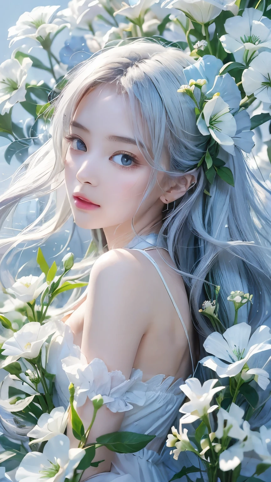 1 woman, long hair, flower, lisianthus, in the style of White and light azure, Dreamy and romantic composition, White, Subtle foliage, playful preparation, fancy, high contrast, ink strokes, explosion, overexposure, White and White tone impression, abstract, attractive pose,