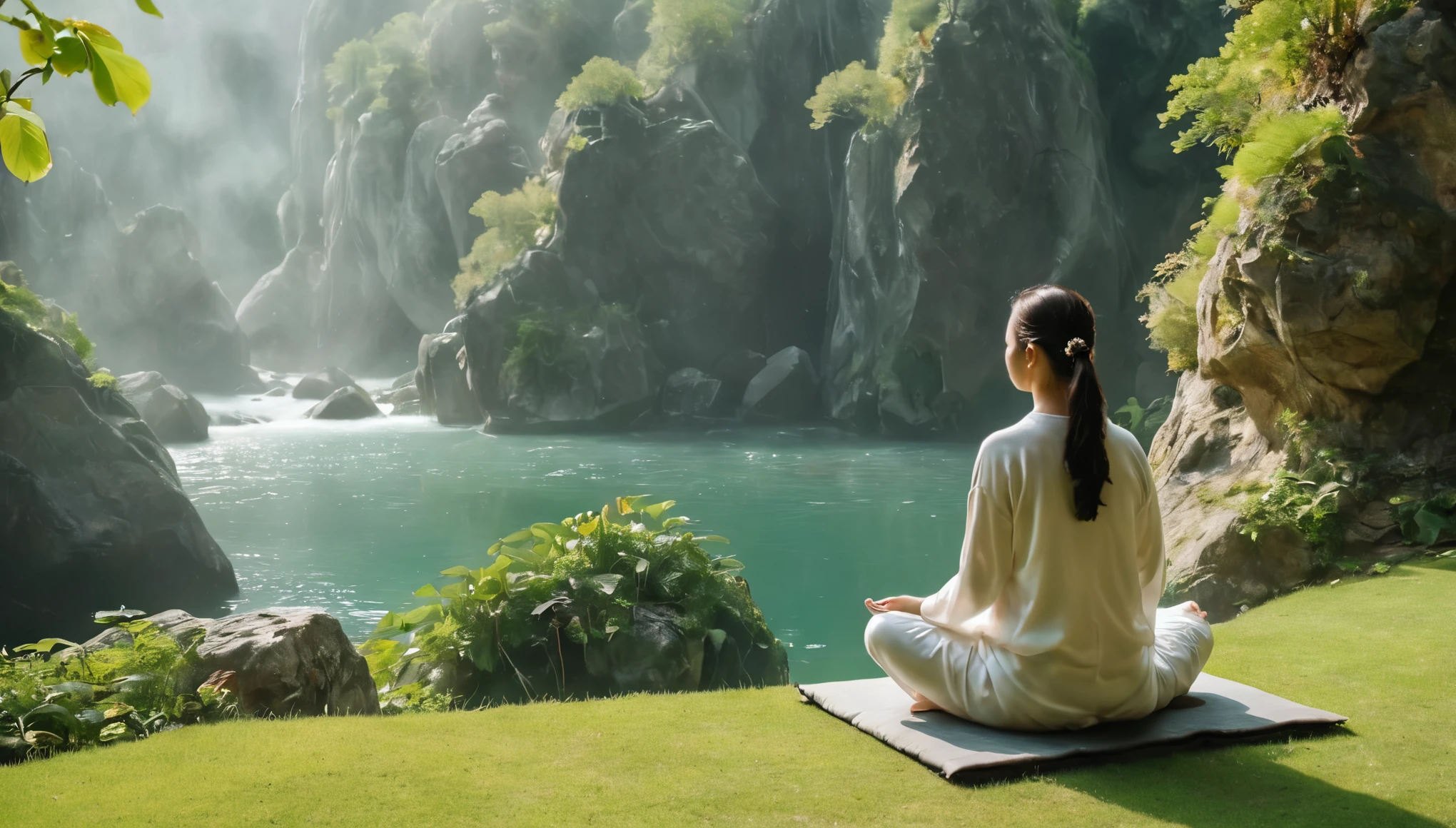 Namaste. Person meditating in a place with natural side lighting