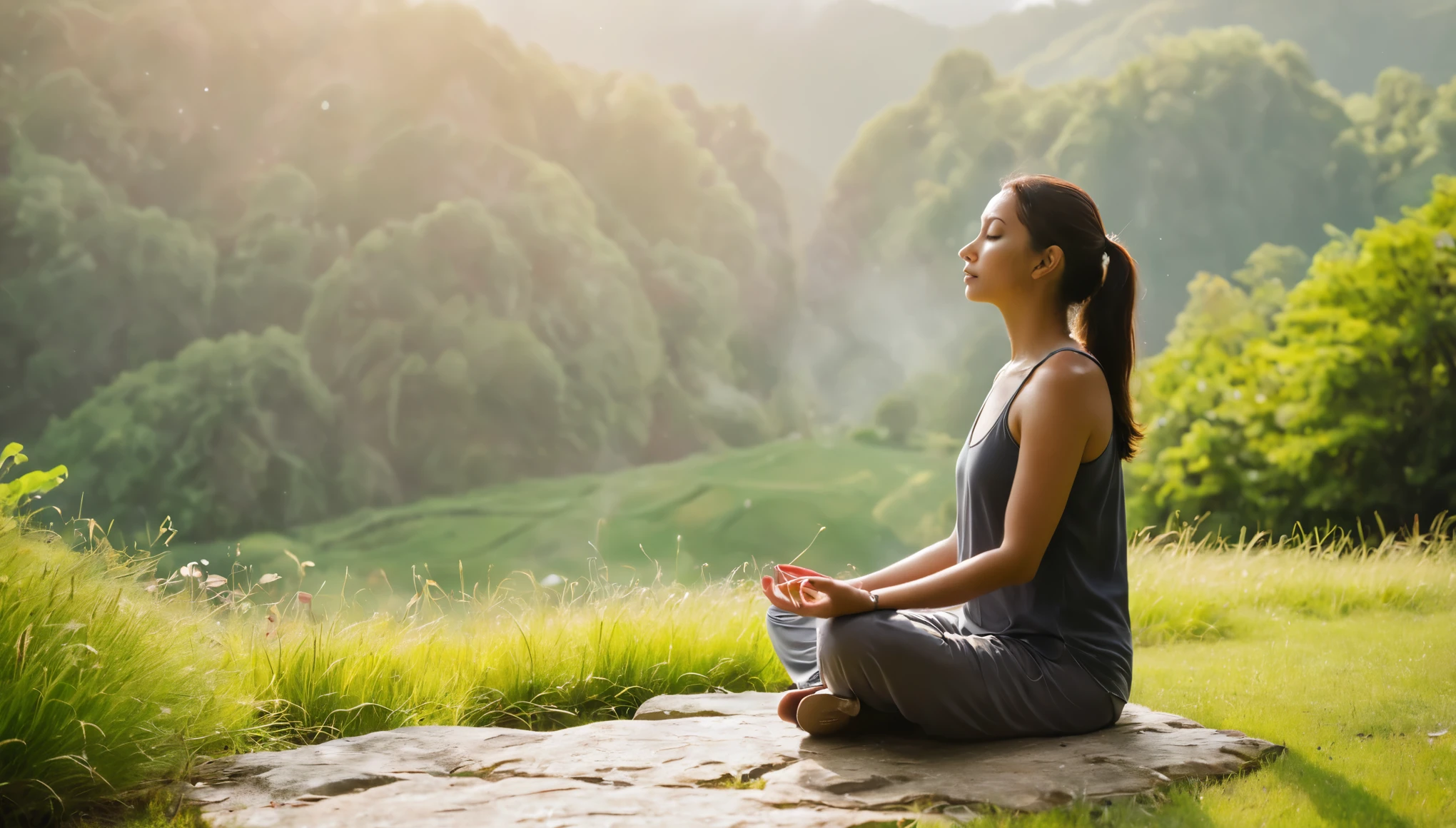 Namaste. Person meditating in a place with natural side lighting