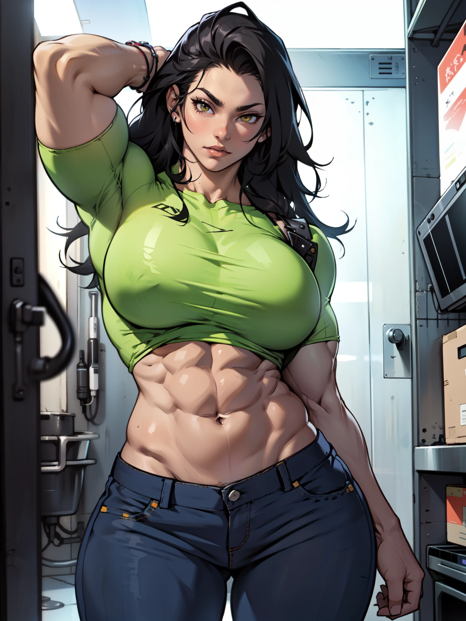 female pale skin 1girl muscular toned body huge breasts thick thighs black hair yellow eyes bodybuilder (tight shirt and pants long hair huge breasts)