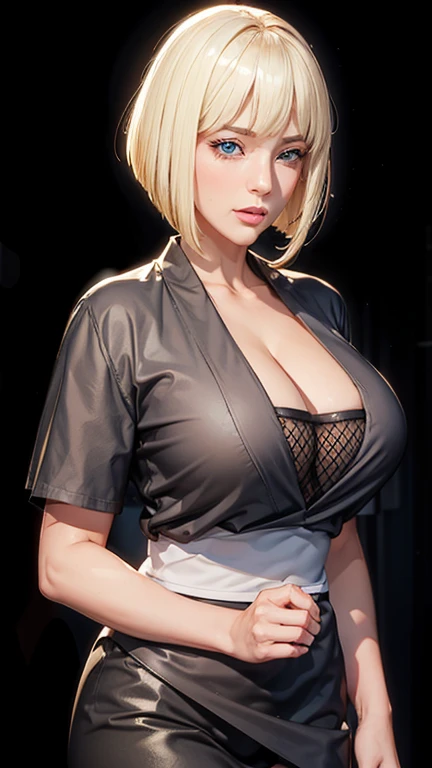 (((perfect body,white and tender skin,(((black kimono, neckline, forearms,))),(((alone, blue eyes, by rubio, short hair, hits, blunt hits,))),((masterpiece)),High resolution, ((Best quality at best)),masterpiece,quality,Best quality,((( exquisite facial features,Looking at the audience,There is light in the eyes,blush,happy,HA HA HA))),Look at the sky,Raise your hand,from below))),(((Light and shadow,huge breasts))),(((looking to the camera,Black background,)))),