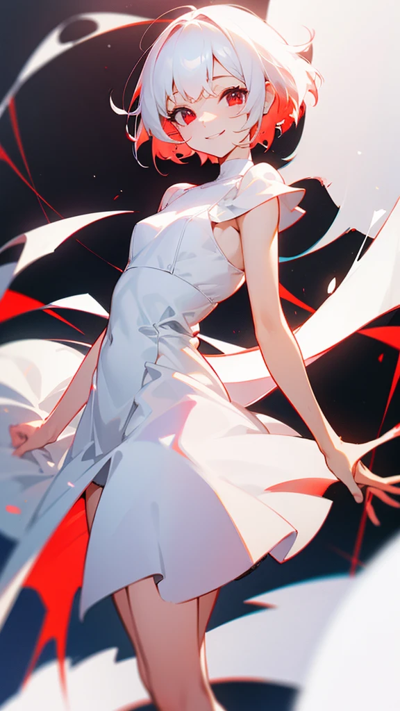 Red eyes white short hair white dress smile
