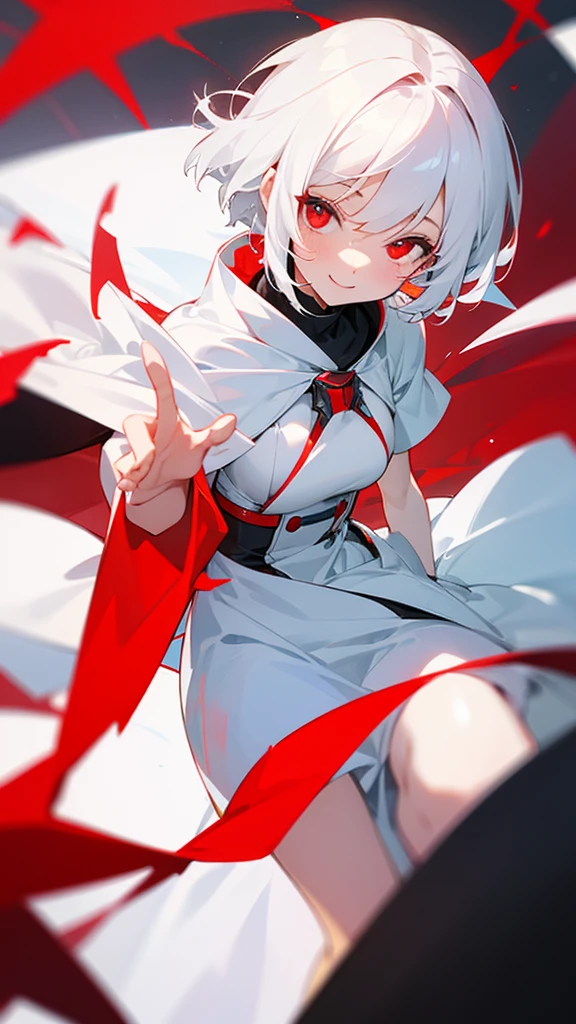 Red eyes white short hair white dress smile