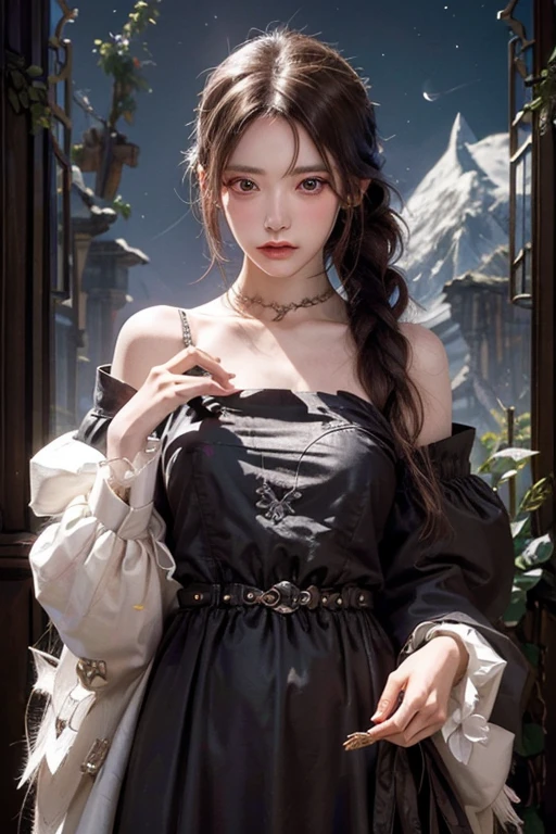 (masterpiece),(Best Quality), illustration, (fancy:1.4), sorceress, Cute detailed digital art, beautiful face, Brown hair, hair tied, castillo, Mountain, dark long dress, a moon, flores , paper_Cut, rosa.