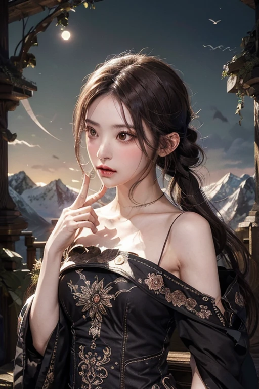 (masterpiece),(Best Quality), illustration, (fancy:1.4), sorceress, Cute detailed digital art, beautiful face, Brown hair, hair tied, castillo, Mountain, dark long dress, a moon, flores , paper_Cut, rosa.