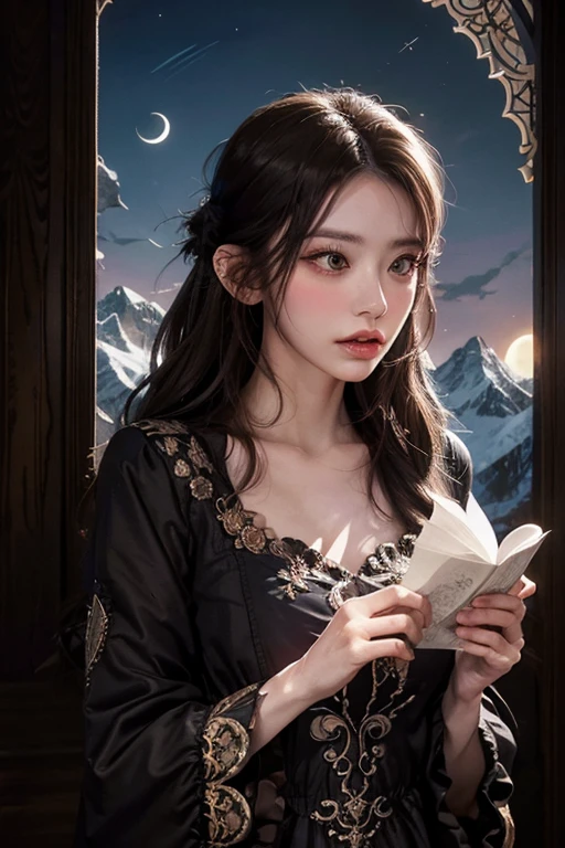 (masterpiece),(Best Quality), illustration, (fancy:1.4), sorceress, Cute detailed digital art, beautiful face, Brown hair, hair tied, castillo, Mountain, dark long dress, a moon, flores , paper_Cut, rosa.