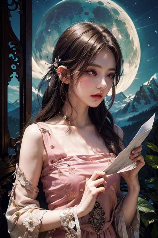 (masterpiece),(Best Quality), illustration, (fancy:1.4), sorceress, Cute detailed digital art, beautiful face, Brown hair, hair tied, castillo, Mountain, dark long dress, a moon, flores , paper_Cut, rosa.