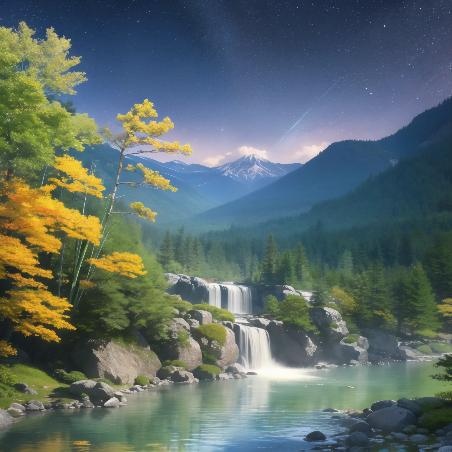 Japan, forest, bamboo、A beautiful waterfall flowing from the mountains、Clear water river、night, Beautiful starry sky,