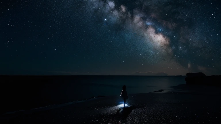 Several stars form a sea of stars in the dark space,Little girl strolling on it