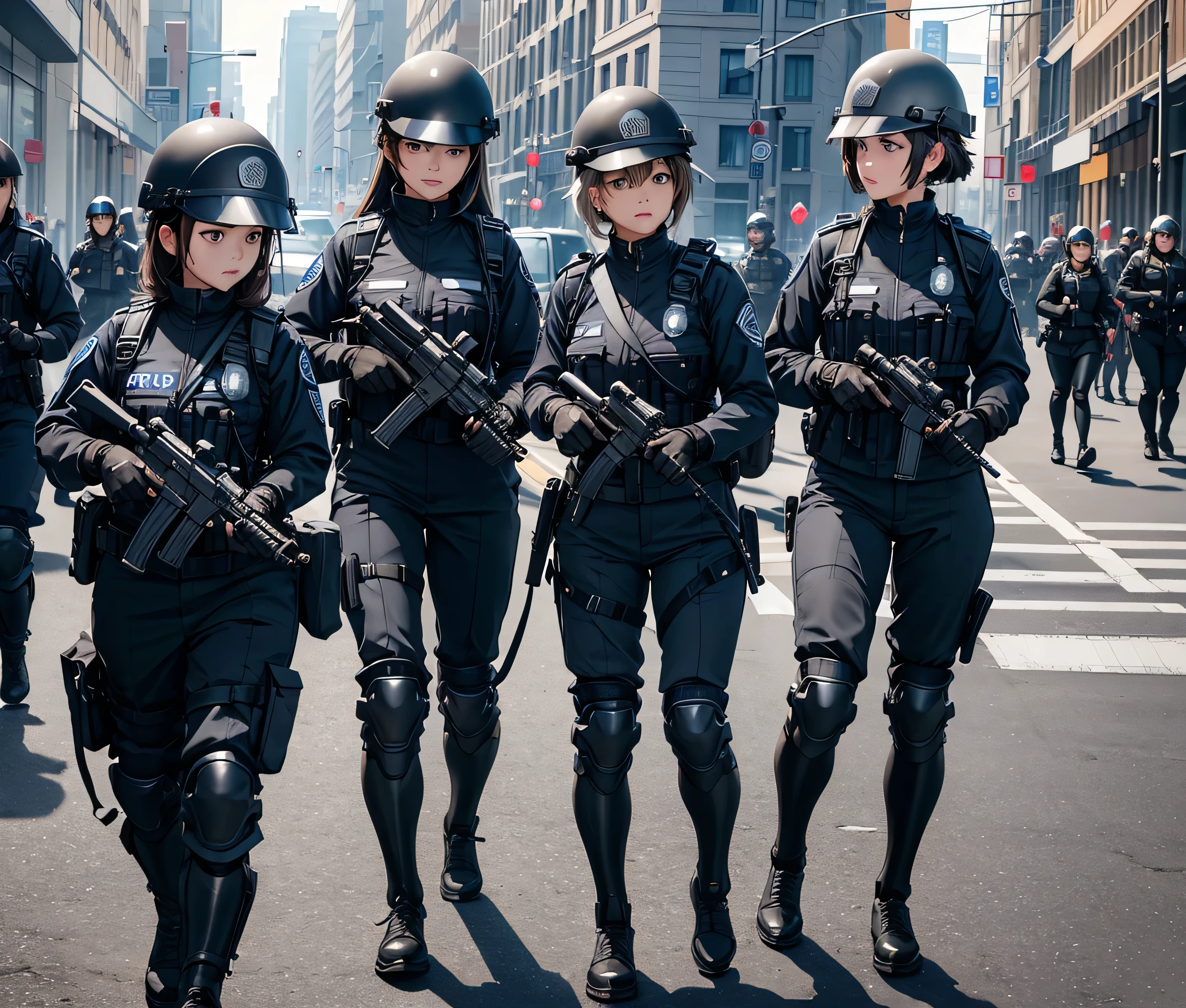 A group of female police officers wearing grey zip-up uniforms、Wear a steel helmet、Gloves、Tactical shoulder strap、Knee pads、Investigating in the streets、Write details、masterpiece、best quality、Highly detailed CG、8K picture quality