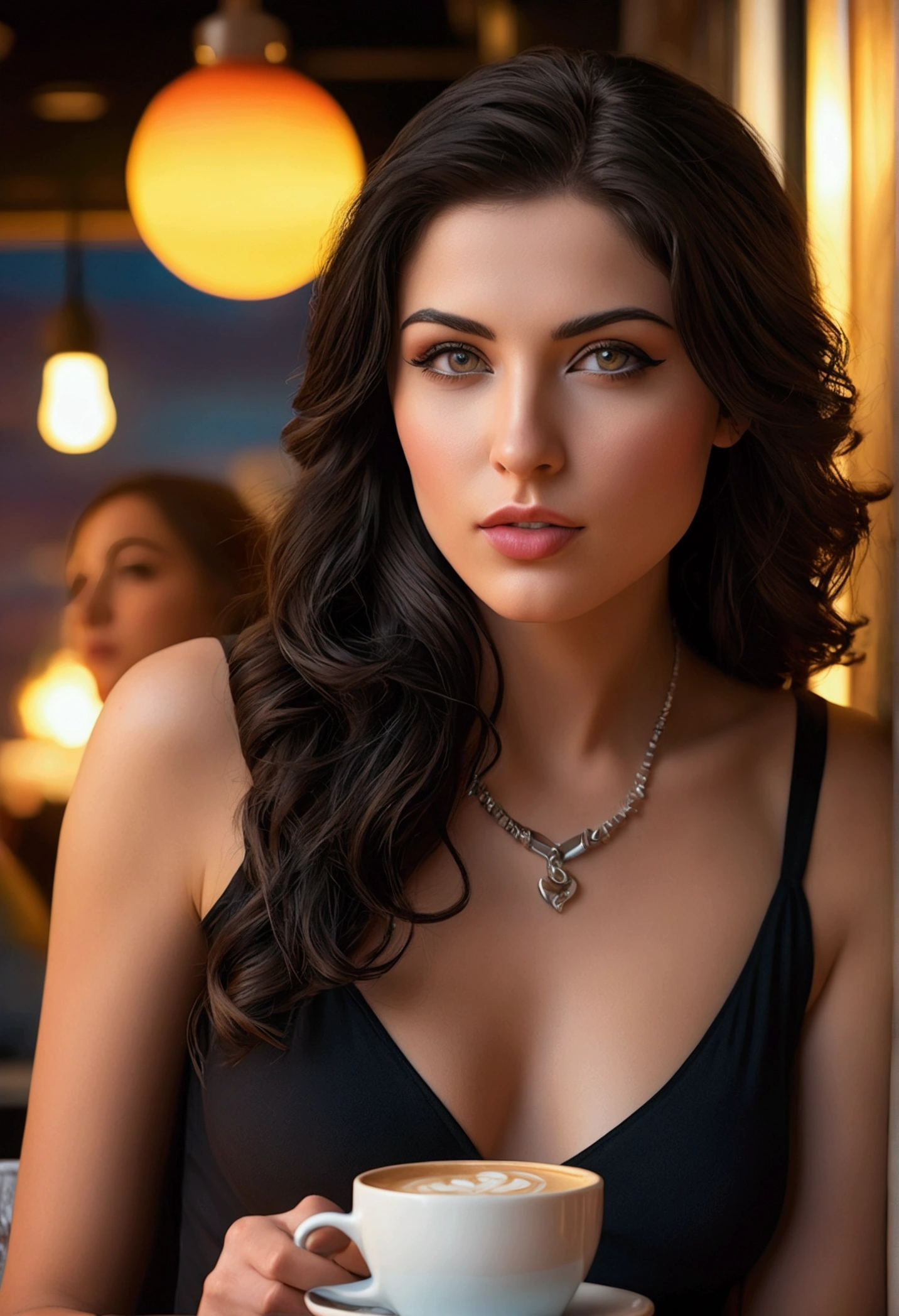 L'invite de diffusion stable pour le thème "Sexy Artemis" May be: "(best quality,4K,8k,high resolution,head of'artwork:1.2),ultra-detailed,(realistic,photorealistic,photo-realistic:1.37),portraits,sexy female character,Artemis Concept,confident pose,regard captivant,flowing dark hair,piercing eyes,sculpted lips,ambiance sensuelle,dressed seductively,Soft, warm lighting,Couleurs vives,rendu artistique", (sipping coffee in a modern cafe at sunset)